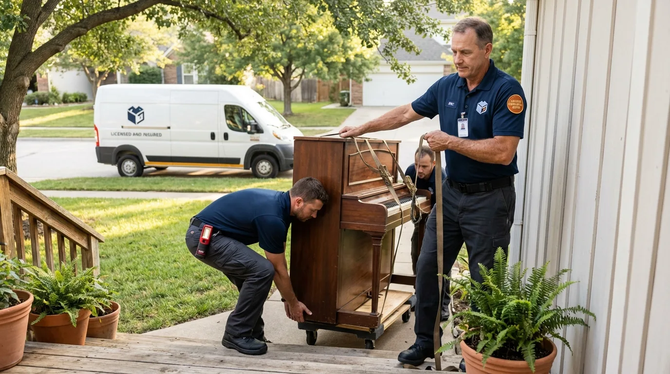 Licensed piano movers securing grand piano in Jonesboro, AR