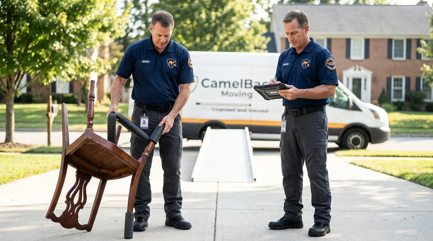 Movers inspecting furniture for damage prevention before loading in Jonesboro, AR