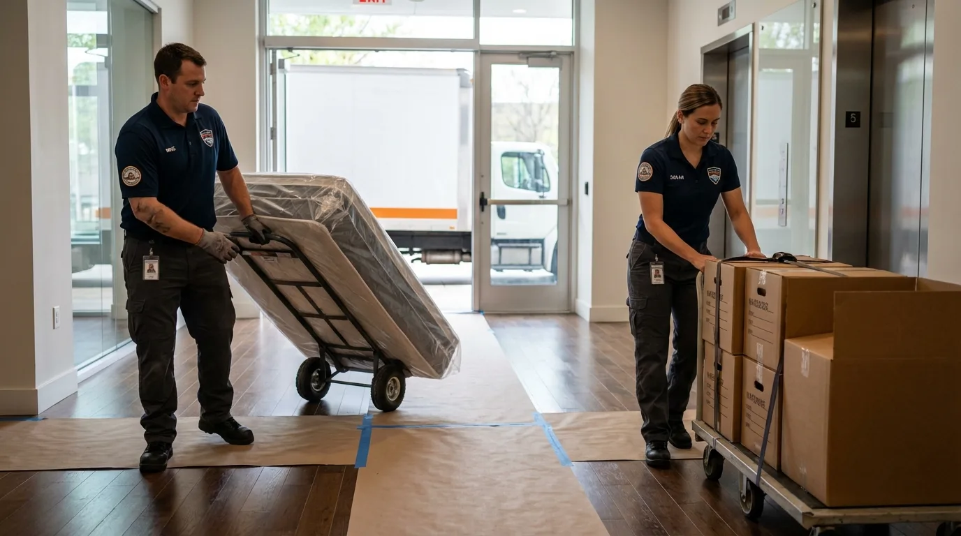 Professional apartment movers loading elevator in Jonesboro, AR